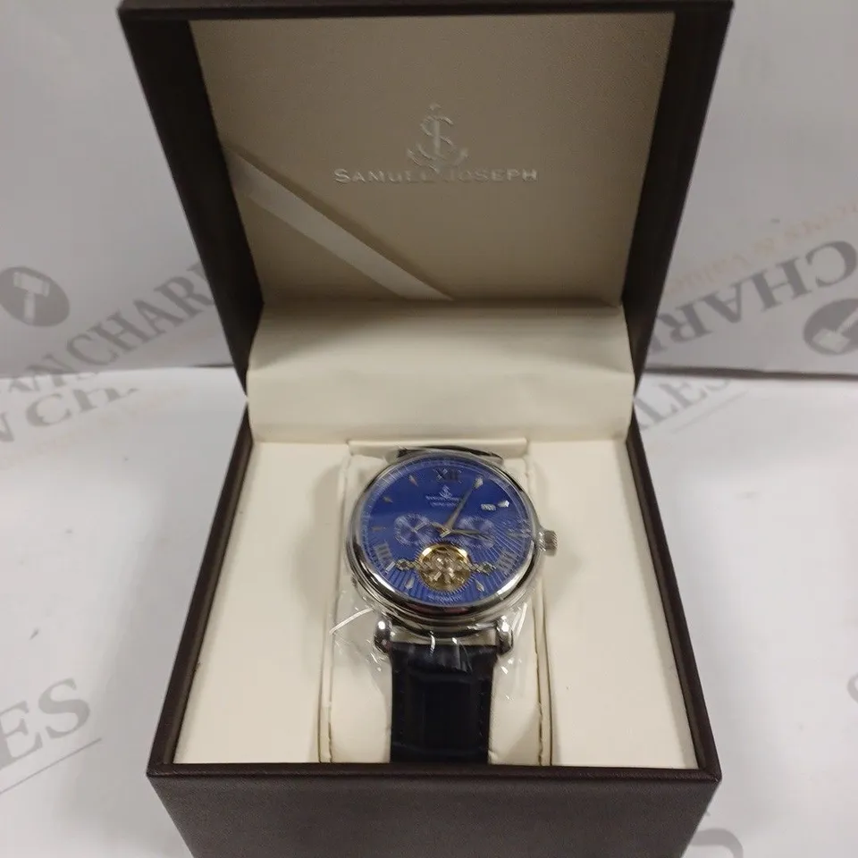 BOXED SAMUEL JOSEPH AUTOMATIC STEEL BLUE WATCH 