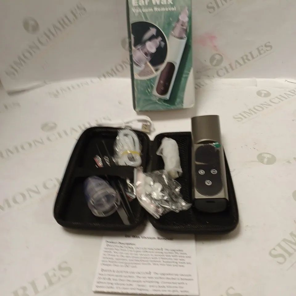 BOXED ELECTRIC EAR WAX VACUUM REMOVER WITH CASE, ACCESSORIES, USB CABLE AND INSTRUCTIONS