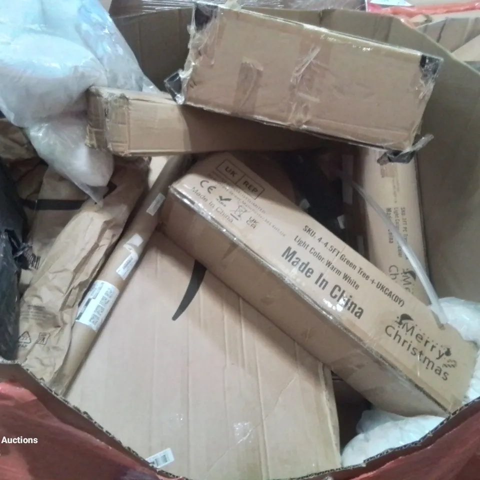 PALLET CONTAINING VARIOUS ASSORTED BOXED HOUSEHOLD ITEMS TO INCLUDE: CHRISTMAS TREES, ELECTRIC POTATO PEELER,  TV WALL MOUNTS AND LOTS MORE UNMARKED BOXED ITEMS 