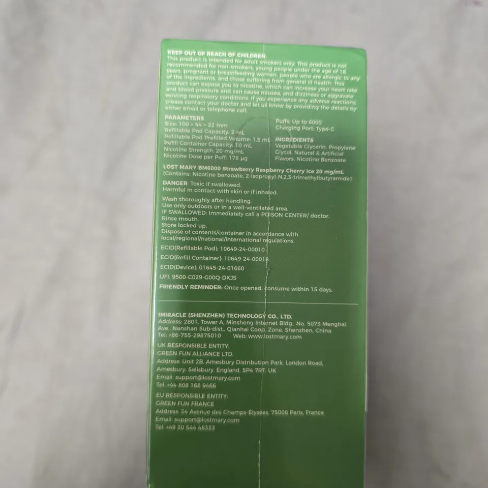 SEALED LOST MARY BM6000 REFILLABLE KIT – STRAWBERRY RASPBERRY CHERRY ICE - 20MG/ML - 5-PACK
