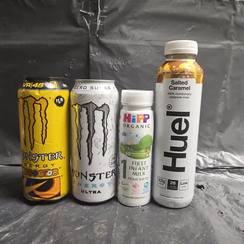APPROXIMATELY 10 ASSORTED FOOD AND DRINK ITEMS TO INCLUDE MONSTER, HUEL, HIPP, ETC