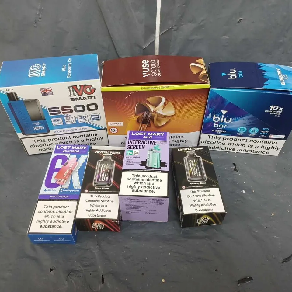 APPROXIMATELY 20 ASSORTED E-CIGARETTE PRODUCTS TO INCLUDE IVG, VUSE, BLU BAR, LOST MARY 