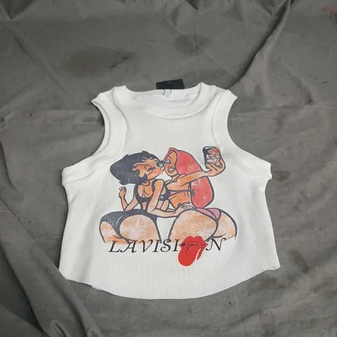 LA VISION WHITE RIBBED SLEEVELESS TOP WITH GRAPHIC PRINT – SIZE S (VERIFY MODEL)