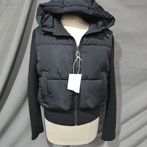 ZARA TWO-TEXTURE BLACK PADDED HOODED COAT - EUR M