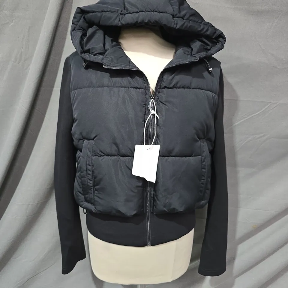 ZARA TWO-TEXTURE BLACK PADDED HOODED COAT - EUR M