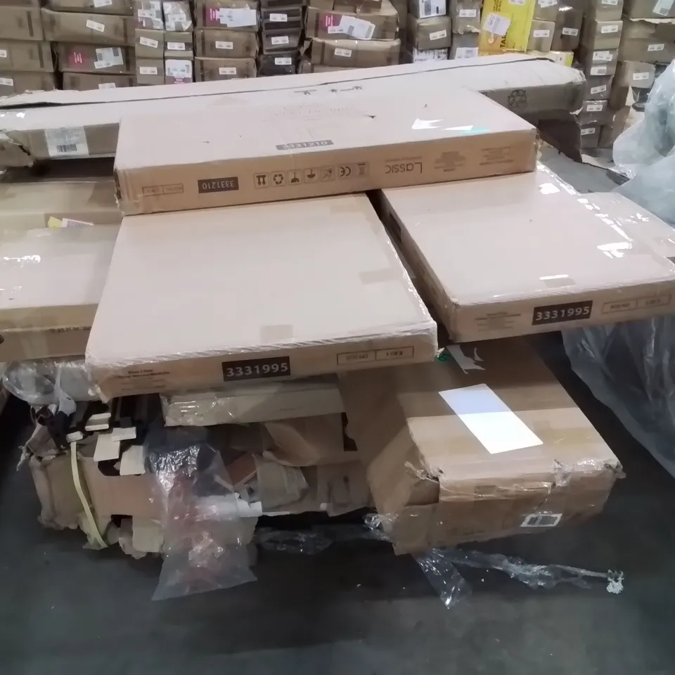 PALLET CONTAINING VARIOUS INCOMPLETE BOXED FURNITURE PARTS AND OTHER HOUSEHOLD ITEMS ETC.