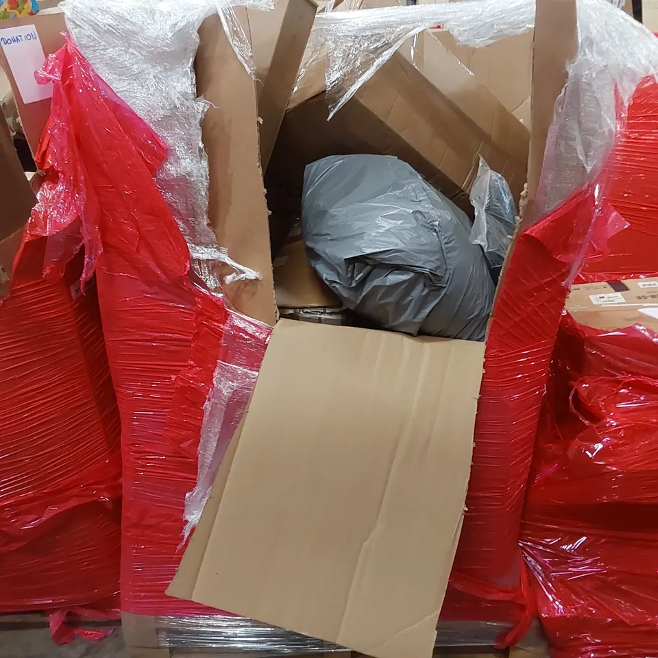PALLET OF ASSORTED HOUSEHOLD ITEMS AND CONSUMER PRODUCTS. INCLUDING; CHRISTMAS TREE, PLAYPEN, AIR COOLER, DEHUMIDIFIER, BOXED FURNITURE ETC