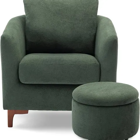 BOXED COLAMY UPHOLSTERED SHERPA BARREL ACCENT CHAIR WITH STORAGE OTTOMAN - GREEN (1 BOX)