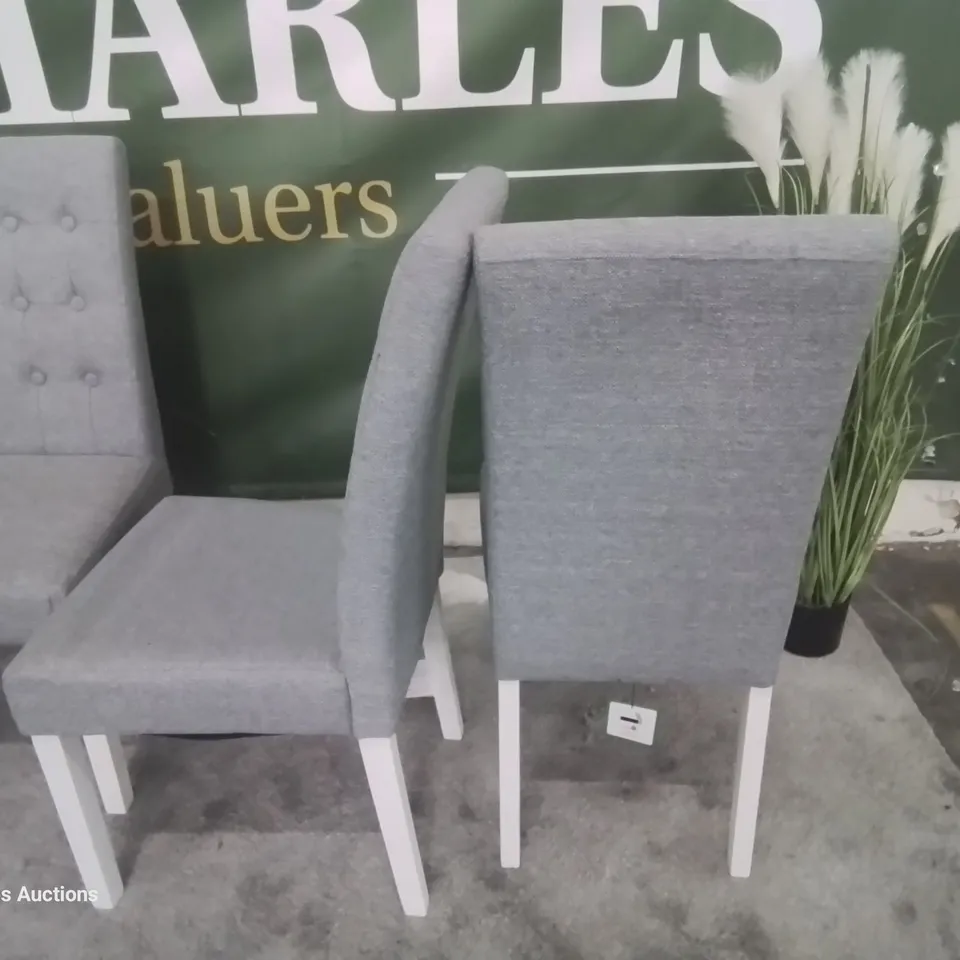 SET SIX REGENT LIGHT GREY FABRIC BUTTONED BACK DINING CHAIRS WHITE LEGS 