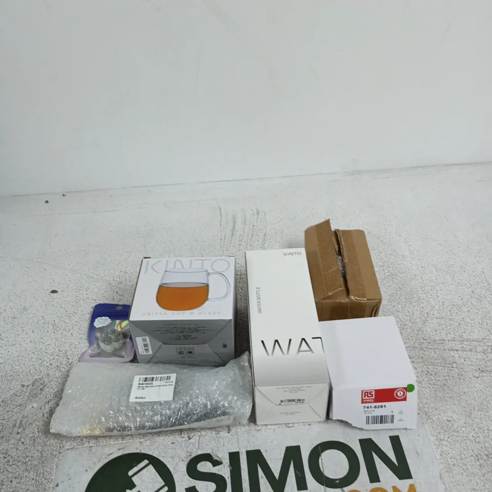 APPROXIMATELY 10 ASSORTED ITEMS INCLUDING RS PRO CALL POINT, A BOTTLE OPENER AND A WATER BOTTLE