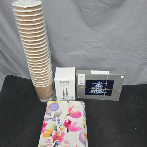 BOX OF APPROXIMATELY 15 ASSORTED HOUSEHOLD ITEMS TO INCLUDE PAPER CUPS, GREETINGS CARDS AND FLEUR WRITING SET
