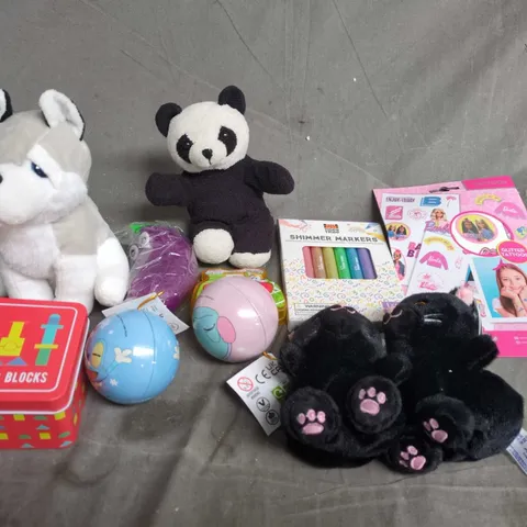 APPROXIMATELY 10 ASSORTED TOYS & GAMES PRODUCTS TO INCLUDE TEDDIES, SHIMMER MARKERS AND BARBIE STICKERS