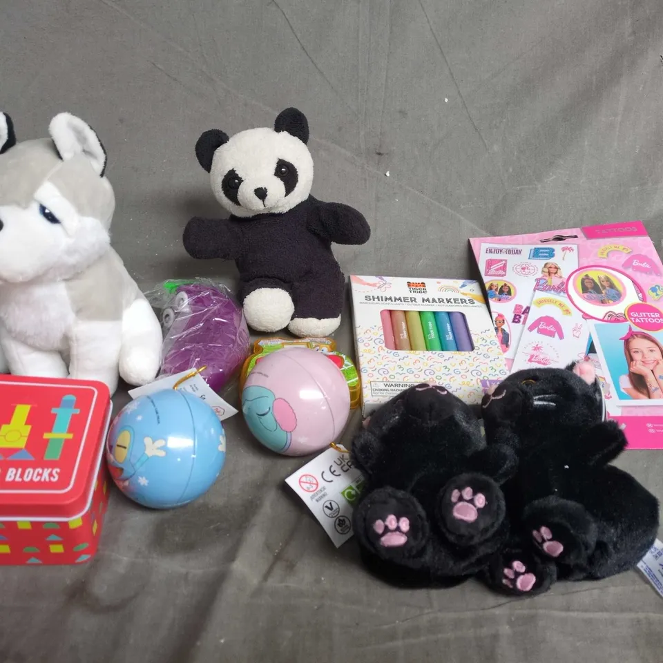 APPROXIMATELY 10 ASSORTED TOYS & GAMES PRODUCTS TO INCLUDE TEDDIES, SHIMMER MARKERS AND BARBIE STICKERS