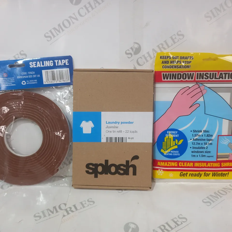 BOX OF APPROXIMATELY 15 ASSORTED HOUSEHOLD ITEMS TO INCLUDE WINDOW INSULATION KIT, LAUNDRY POWDER, SEALING TAPE, ETC - COLLECTION ONLY