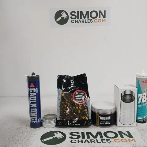 TOTE OF APPROXIMATELY 10 ASSORTED ITEMS INCLUDING DOW SILICONE, A GLASS BOTTLE AND DYNAMITE THE SOURCE HOOKBAIT & LEADWRAP TUFF PASTE