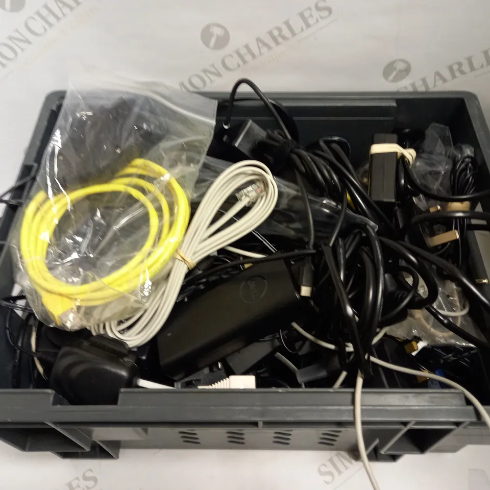 LARGE QUANTITY OF ELECTRICAL CABLES OF VARYING TYPES TO INCLUDE AC ADAPTERS, ETHERNET CABLES, HDMI CABLES, ETC
