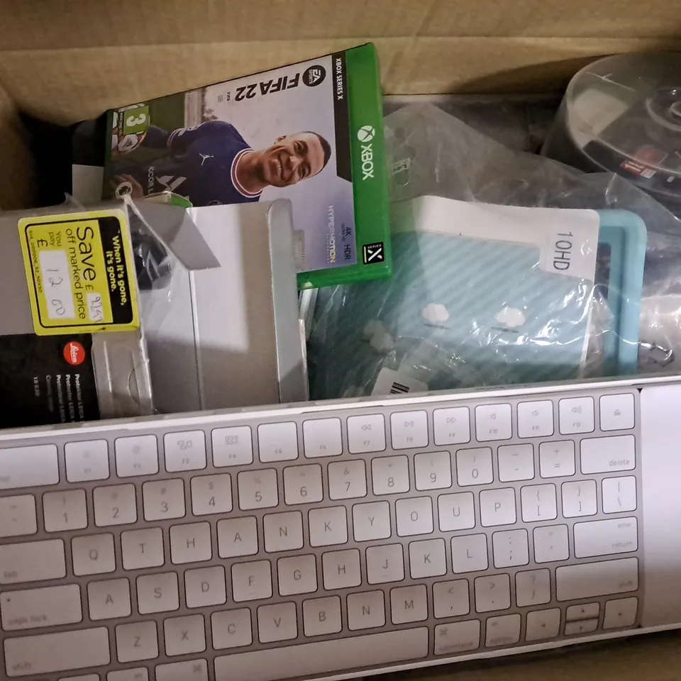 BOX OF APPROX 12 ASSORTED ITEMS TO INCLUDE - KXBOX FIFA 22, DURACELL CAMERA BATTERY , SONY PS2 CONTROLLER ETC