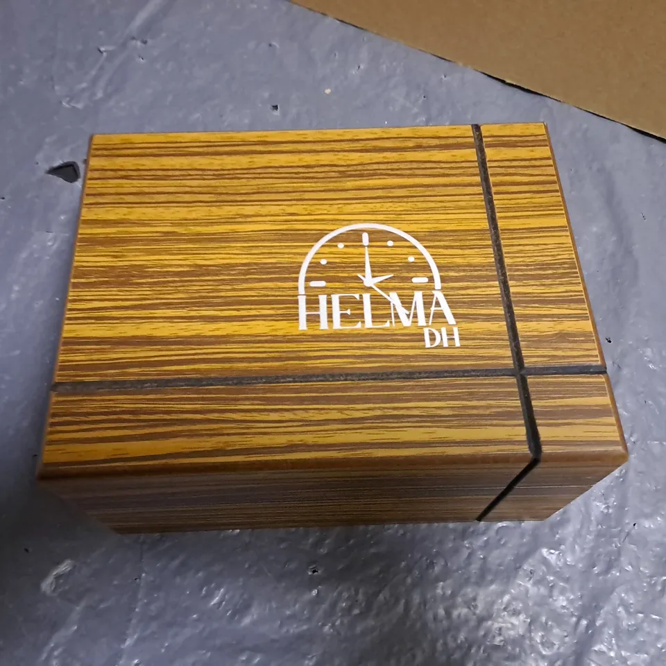 HELMA DH BLACK DIAL GENTS WATCH WITH BROWN SUEDE EFFECT STRAP IN WOODEN PRESENTATION BOX