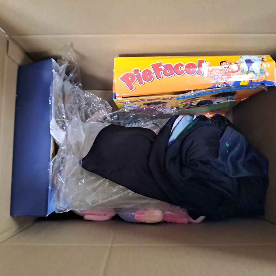 MEDIUM BOX OF ASSORTED TOYS AND GAMES TO INCLUDE STITCH, BABY TOYS AND LAMAZE