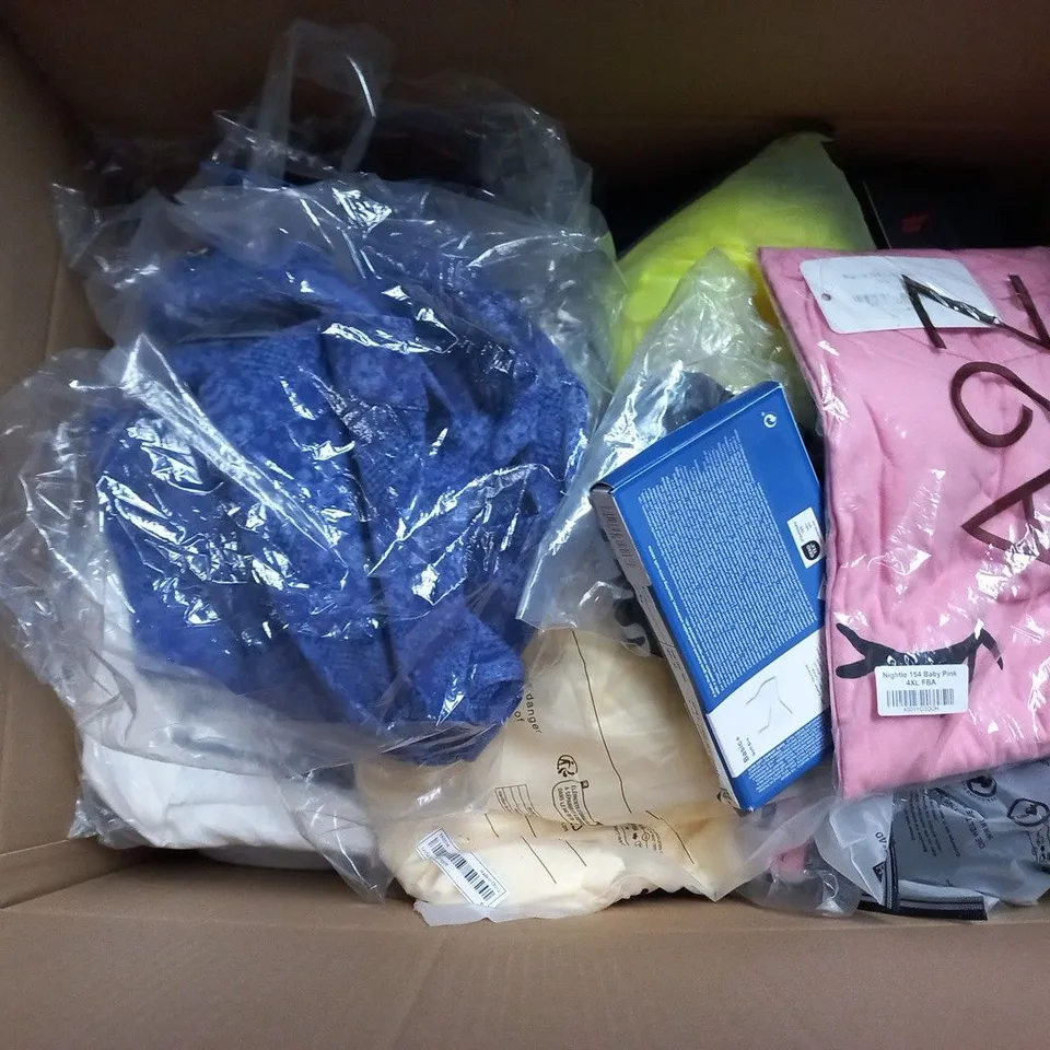 LARGE BOX OF APPROXIMATELY 20 ASSORTED CLOTHING ITEMS IN VARIOUS SIZES, STYLES AND COLOURS