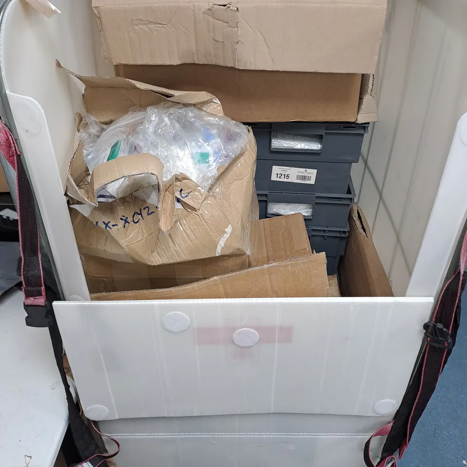 CAGE OF ASSORTED ITEMS TOO INCLUDE MEDICAL ITEMS AND PHONE CHARGERS 