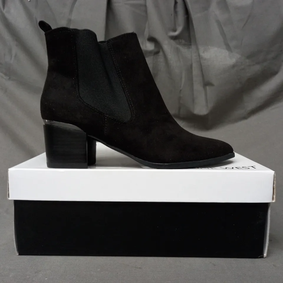BOXED PAIR OF NINE WEST TAYE SUEDETTE ANKLE BOOTS IN BLACK EU SIZE 35