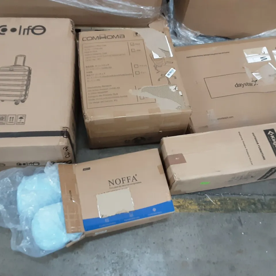 PALLET OF ASSORTED PRODUCTS INCLUDING COLIFE SUITCASE, COMHOMA OFFICE CHAIR, KINGCAMP OUTDOOR FURNITURE, DAYSTAR BEACH CHAIR WITH HEADREST, NOFFA  
