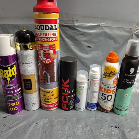 APPROXIMATELY 10 ASSORTED AEROSOLS TO INCLUDE FCUK, FLY KILLER AND EXPANDING FOAM
