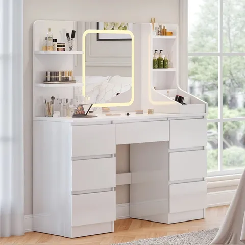 BOXED ROSSE DRESSING TABLE WITH 3 COLORFUL LIGHT MIRROR 7 DRAWERS AND 7 STORAGE SHELVES (2 BOXES)