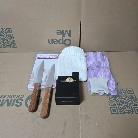 TOTE OF APPROXIMATELY 15 ASSORTED HOUSEHOLD ITEMS TO INCLUDE STEAK KNIVES, GLOVES, MINI HOT WATER BOTTLE WITH COVER, LIGHT UP DOG COLLAR ETC