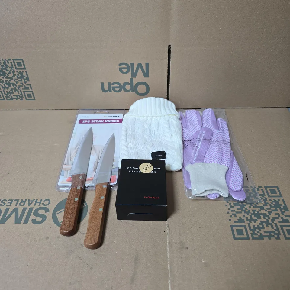 TOTE OF APPROXIMATELY 15 ASSORTED HOUSEHOLD ITEMS TO INCLUDE STEAK KNIVES, GLOVES, MINI HOT WATER BOTTLE WITH COVER, LIGHT UP DOG COLLAR ETC