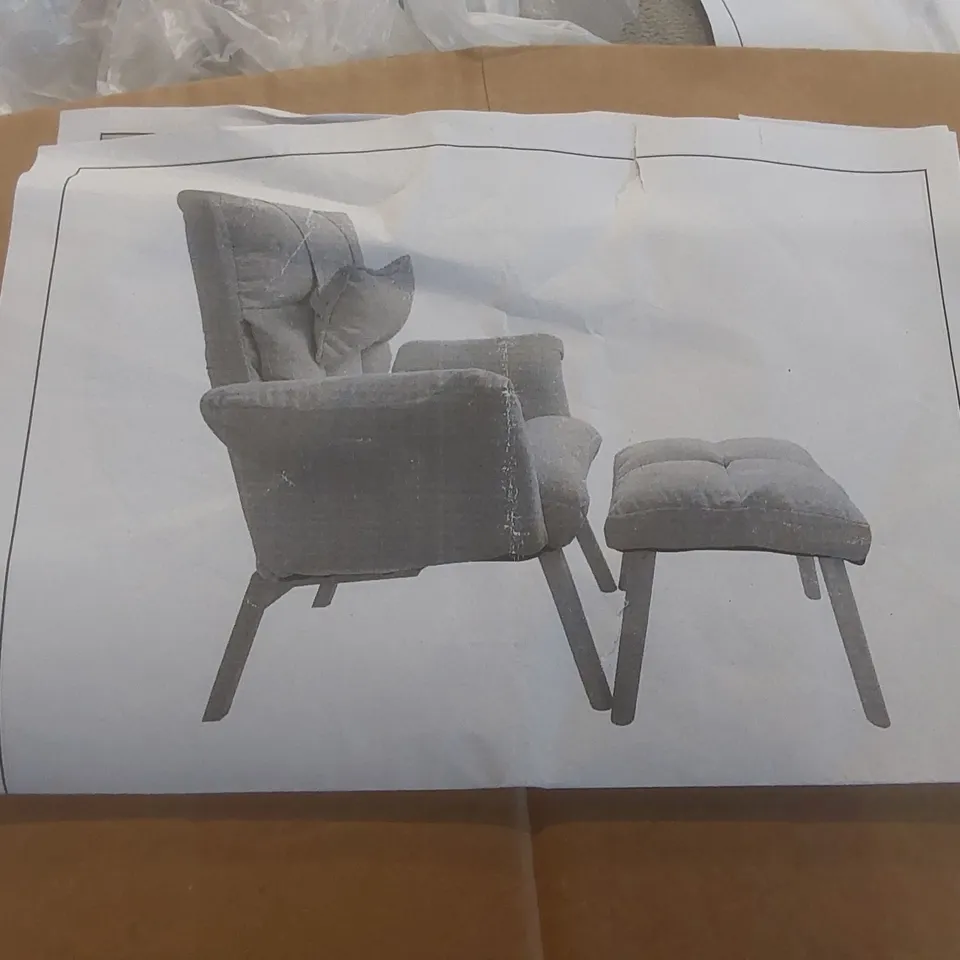 BOXED GREY FABRIC UPHOLSTERED ARMCHAIR WITH FOOTSTOOL - GREY