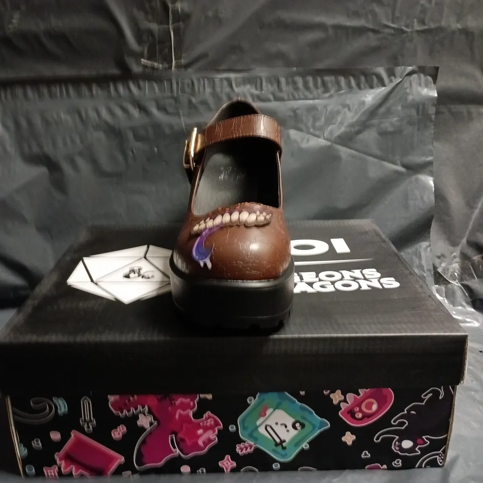 KOI DUNGEONS AND DRAGONS BROWN MARY JANE SHOES WITH BUCKLE AND TOE APPLIQUE SIZE 8