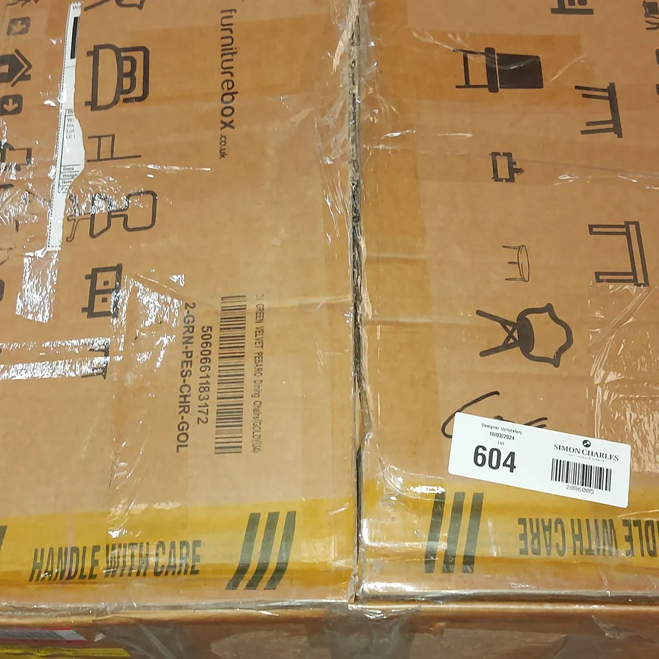 BOXED PALERMO VELVET MODERN DINING CHAIRS IN GREEN VELVET WITH GOLD LEGS - SET OF 2 (1 BOX)