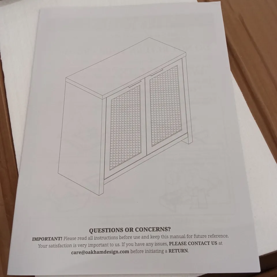 BOXED OAKHAM HOME HAMPSTEAD STORAGE SIDEBOARD CABINET WITH RATTAN DOORS - BROWN (1 BOX)