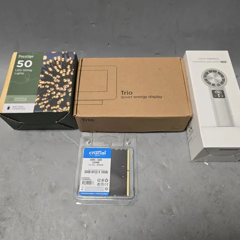 APPROXIMATELY 8 ASSORTED ITEMS TO INCLUDE - HANDHELD FAN , SMART ENERGY DISPLAY , PRESTIGE 50 LED STRING LIGHTS ETC