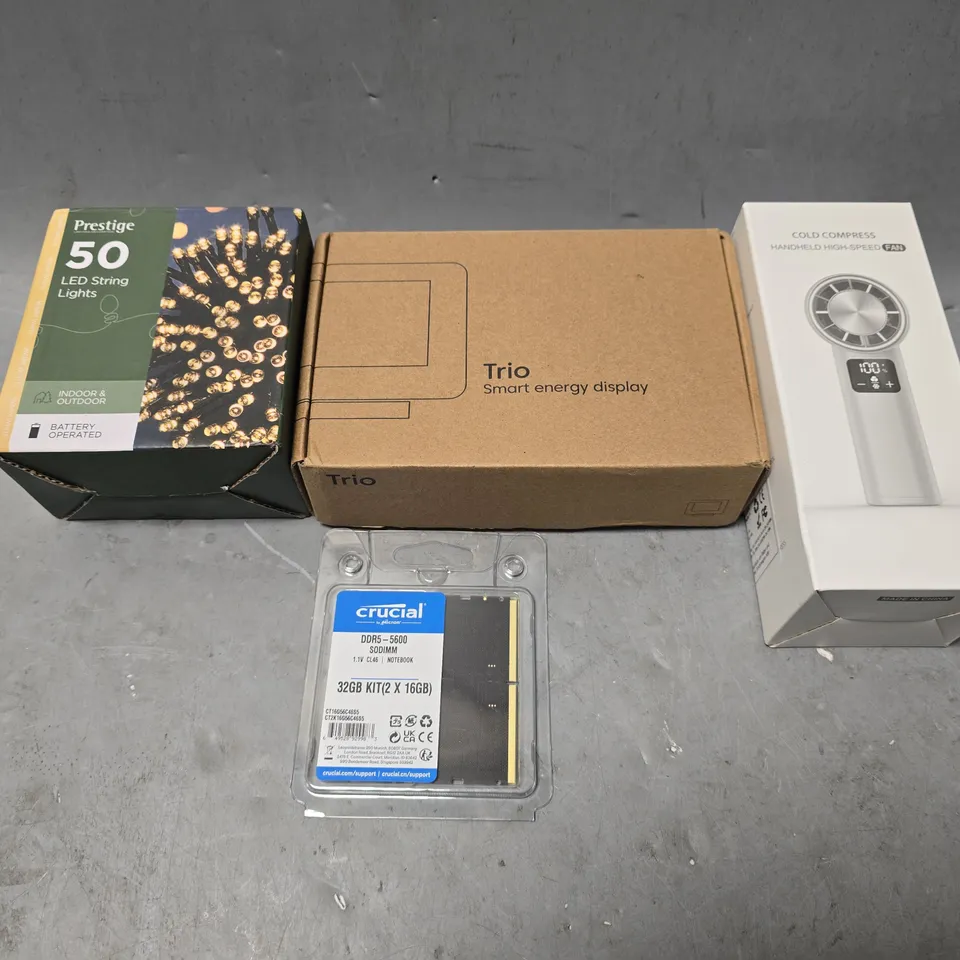 APPROXIMATELY 8 ASSORTED ITEMS TO INCLUDE - HANDHELD FAN , SMART ENERGY DISPLAY , PRESTIGE 50 LED STRING LIGHTS ETC