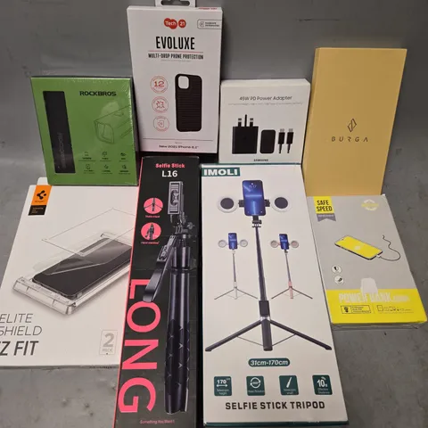 APPROX 15 ASSORTED MOBILE PHONE ACCESSORIES TO INCLUDE PHONE CASES, SELFIE STICKS, POWER ADAPTERS, ETC