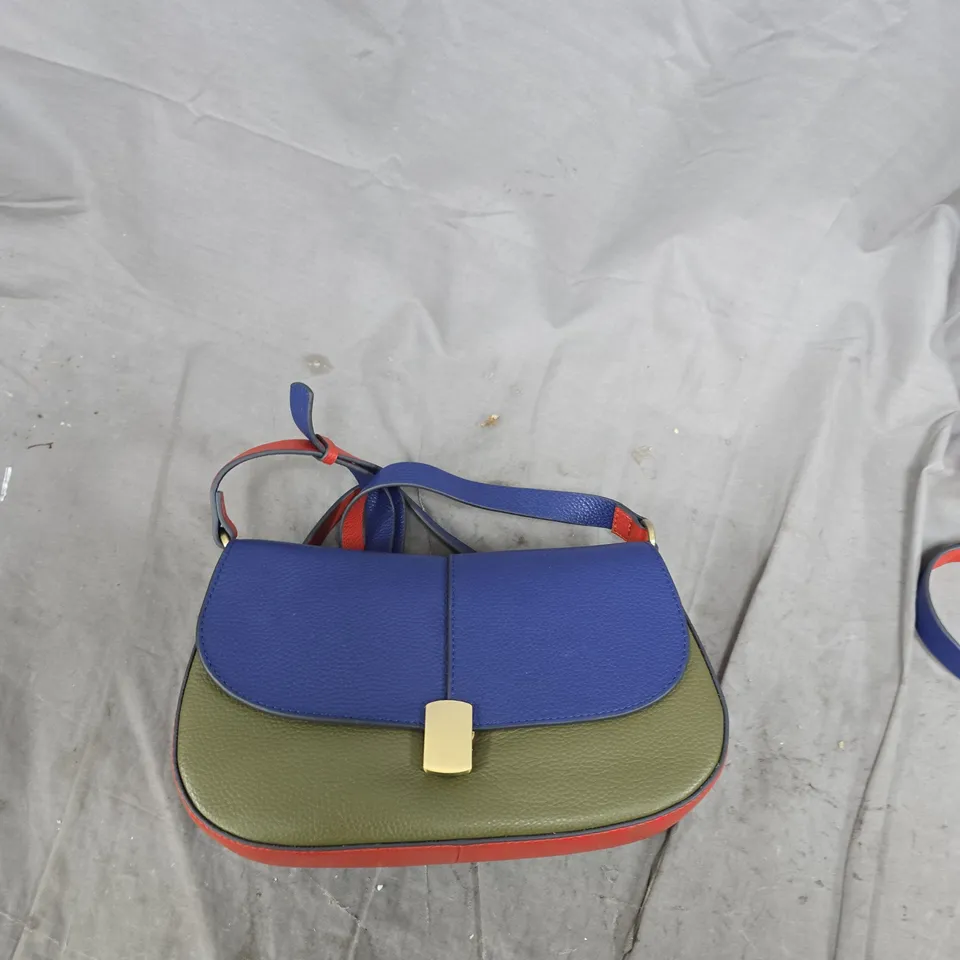 WHITE STUFF CROSSBODY BAG – OLIVE PEBBLE, BLUE FLAP & RED TRIM, ADJUSTABLE STRAP