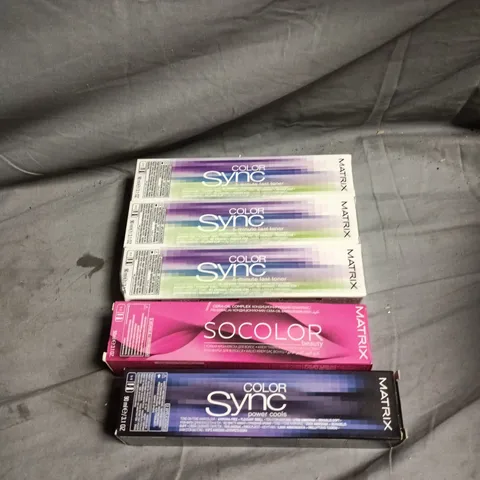 BOX OF APPROXIMATELY 60 MATRIX HAIR CARE PRODUCTS INCLUDING COLOR SYNC 5 MINUTE FAST TONER, COLOR SYNC LIGHT BROWN ASH/LIGHT BROWN MOCHA RED AND SO COLOR MEDIUM BROWN MOCHA VIOLET