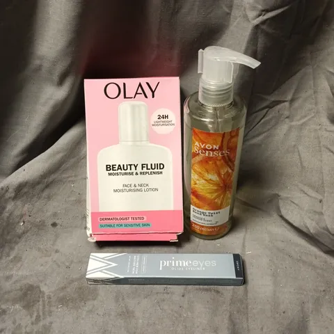 APPROXIMATELY 20 ASSORTED HEALTH AND BEAUTY ITEMS INCLUDING OLAY BEAUTY FLUID, AVON SENSES ORANGE TWIST HAND WASH AND PRIME EYES GLIDE EYELINER