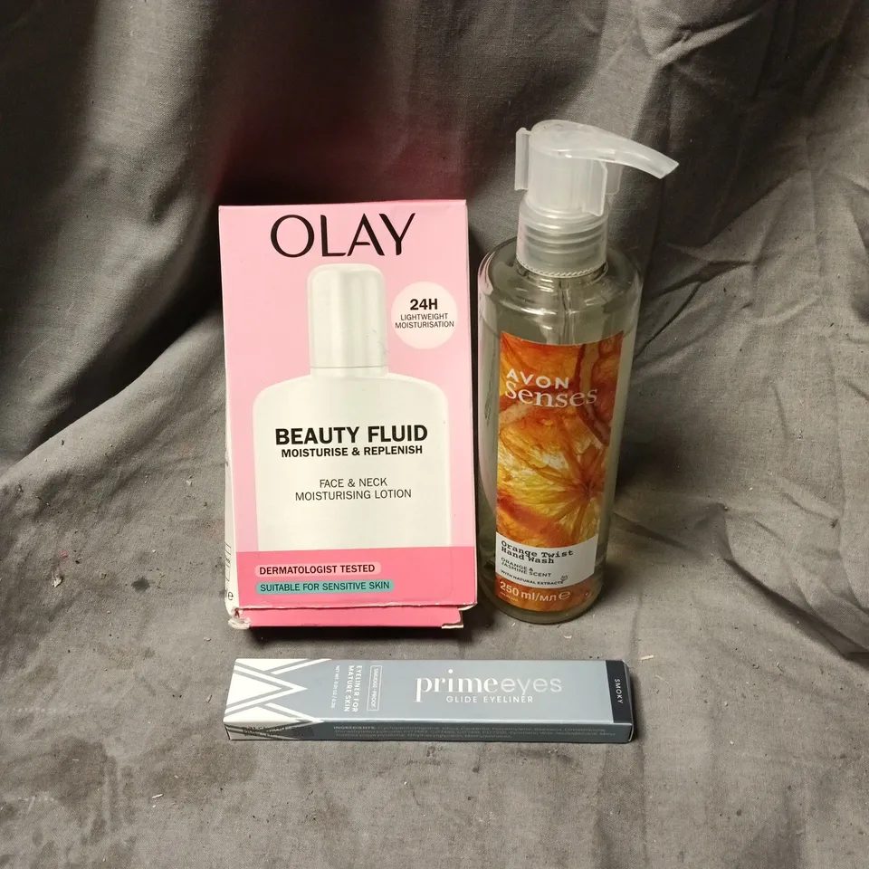 APPROXIMATELY 20 ASSORTED HEALTH AND BEAUTY ITEMS INCLUDING OLAY BEAUTY FLUID, AVON SENSES ORANGE TWIST HAND WASH AND PRIME EYES GLIDE EYELINER