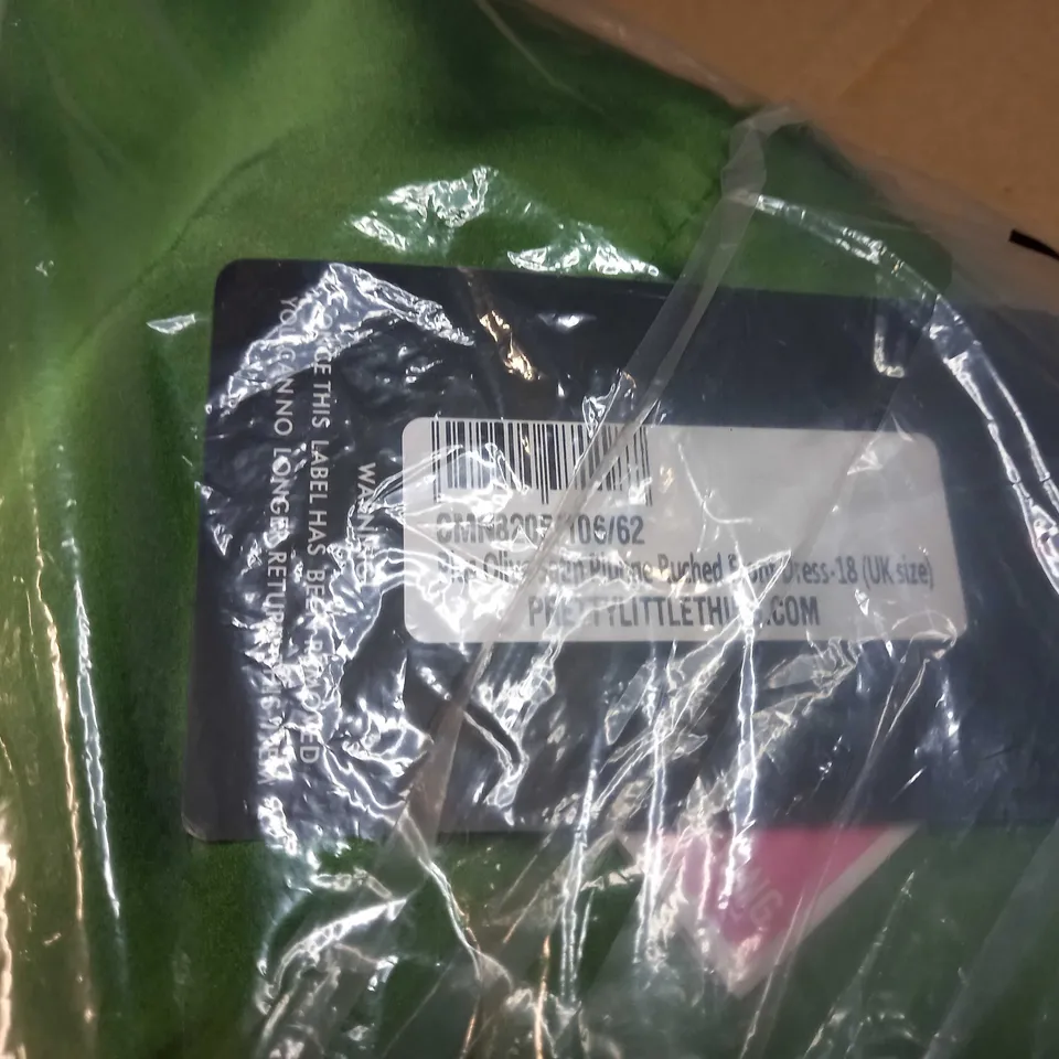 PACKAGED PRETTYLITTLETHING OLIVE SATIN PLUNGE RUCHED FRONT DRESS - SIZE 18