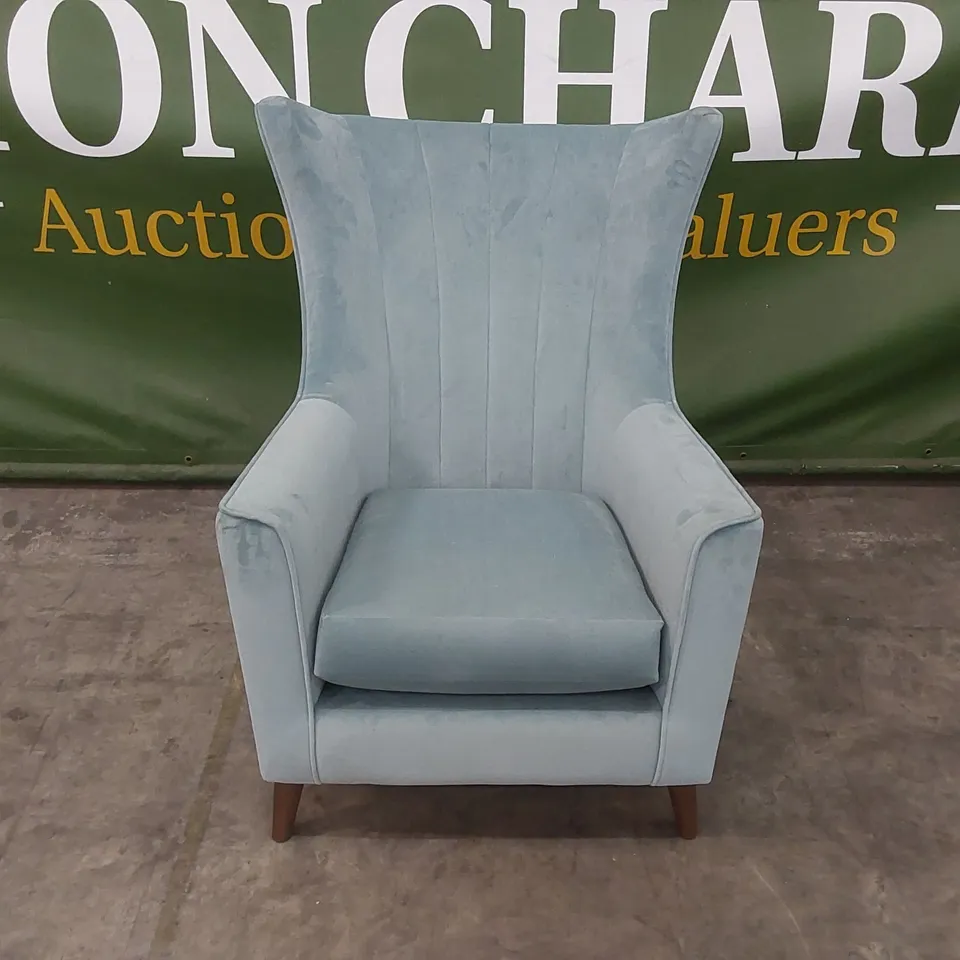 DESIGNER TURQUOISE VELVET UPHOLSTERED TALL WING-BACK CHAIR