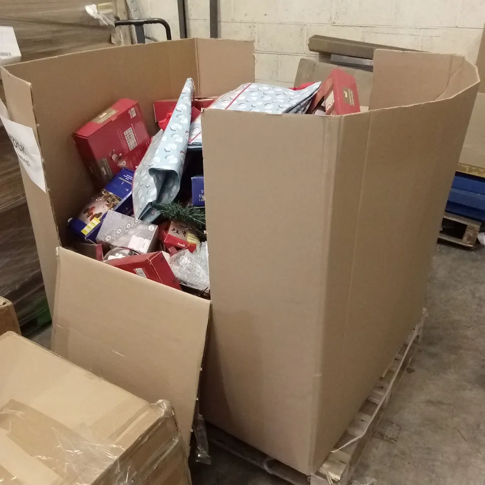 PALLET TO CONTAIN A LARGE ASSORTMENT OF CHRISTMAS PRODUCTS TO INCLUDE; BAUBLES, DECOR, CHRISTMAS BAGS, CHRISTMAS CRACKERS ETC