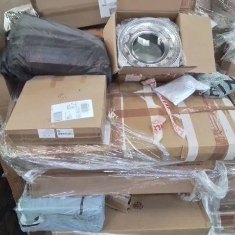 PALLET CONTAINING LARGE QUANTITY OF ASSORTED BOXED HOUSEHOLD PRODUCTS INCLUDING: HOME GYM SYSTEM, BABYBPLAY MAT, SERVING DISH SET, STORAGE BOXES AND LOTS MORE UNMARKED BOXED ITEMS 