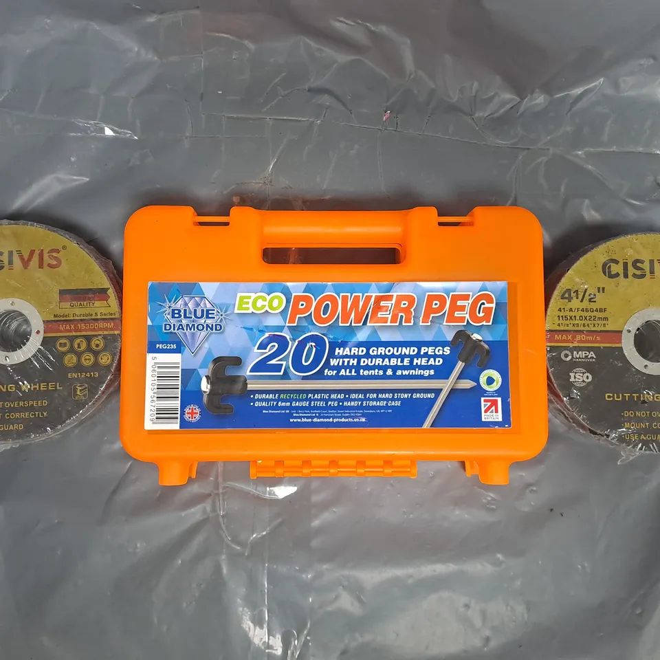 APPROXIMATELY 5 ASSORTED HOUSEHOLD ITEMS TO INCLUDE CUTTING WHEELS, AND ECO POWER PEGS