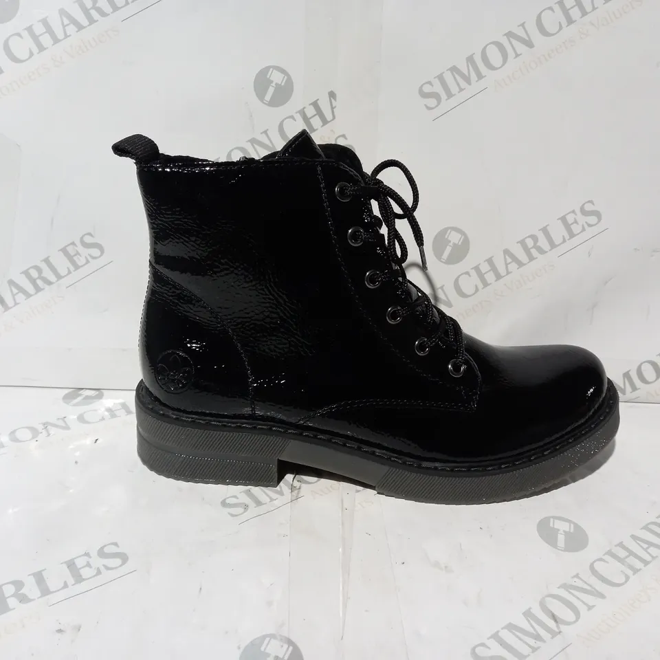 BOXED PAIR OF RIEKER LACE UP BOOTS IN BLACK UK SIZE 6.5