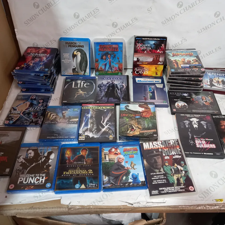 LOT OF APPROXIMATELY 51 ASSORTED BLU-RAY AND DVDS TO INCLUDE JUMANJI THE NEXT LEVEL, CLOUDY WITH A CHANCE OF MEATBALLS, THE MATRIX ETC (2 BOXES)