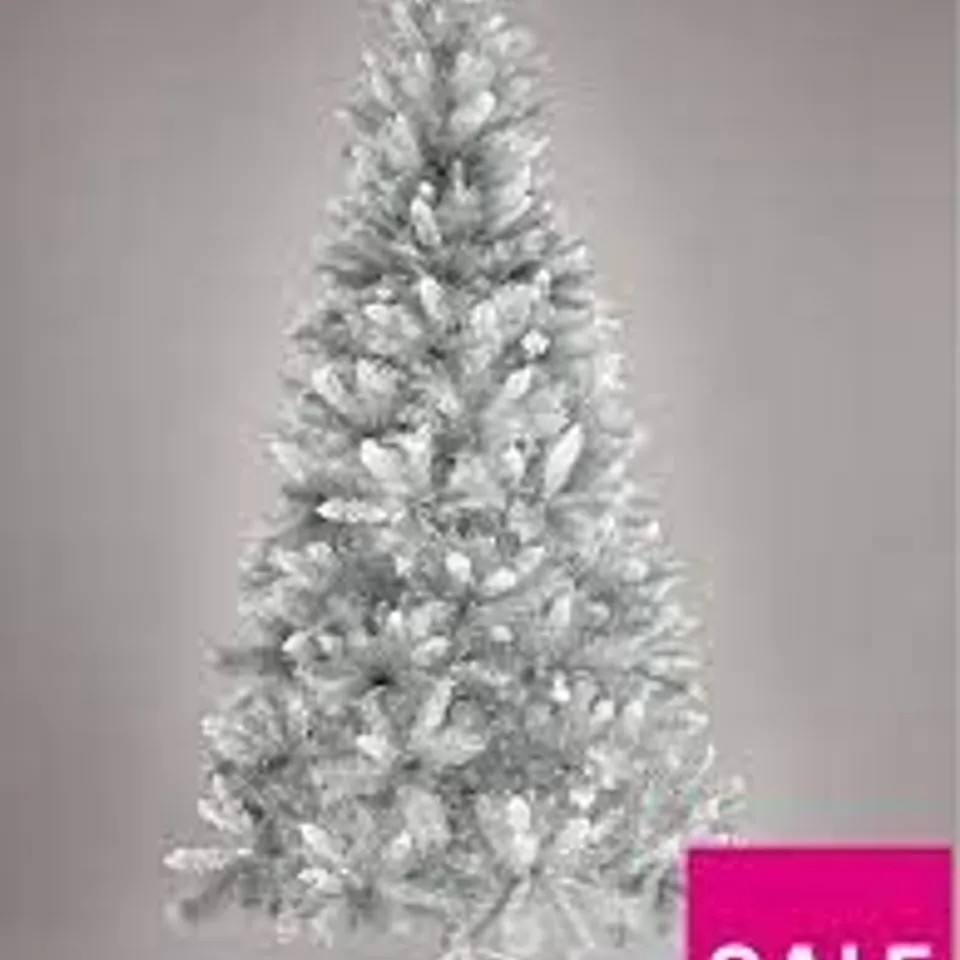 BOXED 8FT SILVER GREY SPARKLE CHRISTMAS TREE WITH FROSTED TIPS RRP £179.99